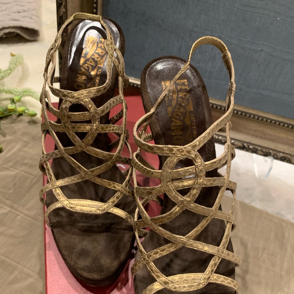 Salvatore Ferragamo Gold Reptile & Brown Suede